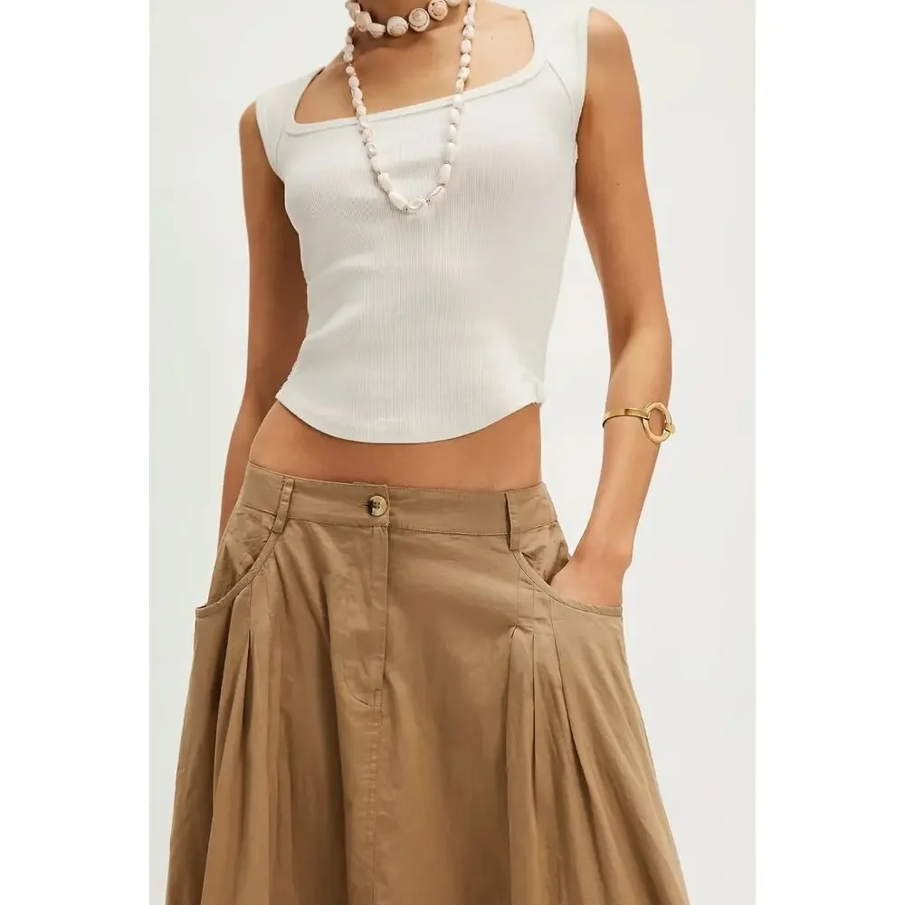 Free People All Around Midi Maxi Full Skirt Olive Tan Khaki Size Large Neutral